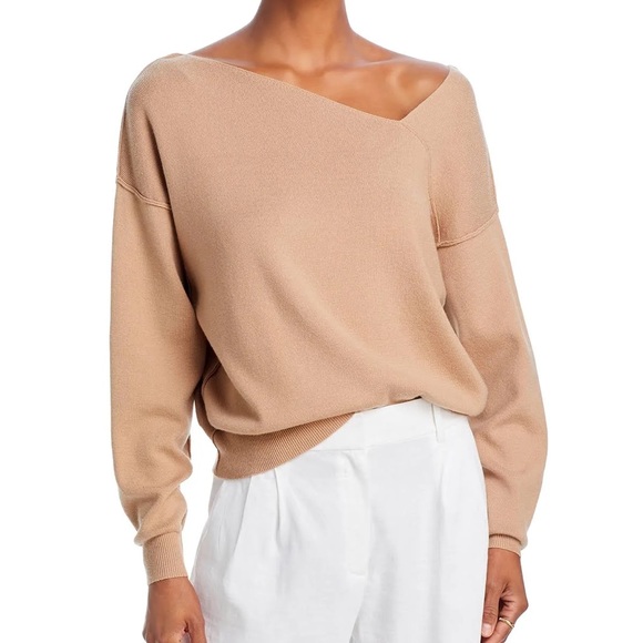 Line & Dot Sweaters - Line and Dot Favorite Off Shoulder Sweater Taupe Large Asymmetrical Tan